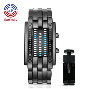 Cool Binary Watch Stainless Steel LED Bracelet, Fashion Blue Light Sports Watch, Vacuum Plated, Double Locking Foldover Clasp