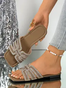 Fashion Rhinestone H-Type Sandals for Women Summer Square Toe Flat Slip-On Shoes, High-End Sparkle Outdoor Slippers, Footwear Sandal