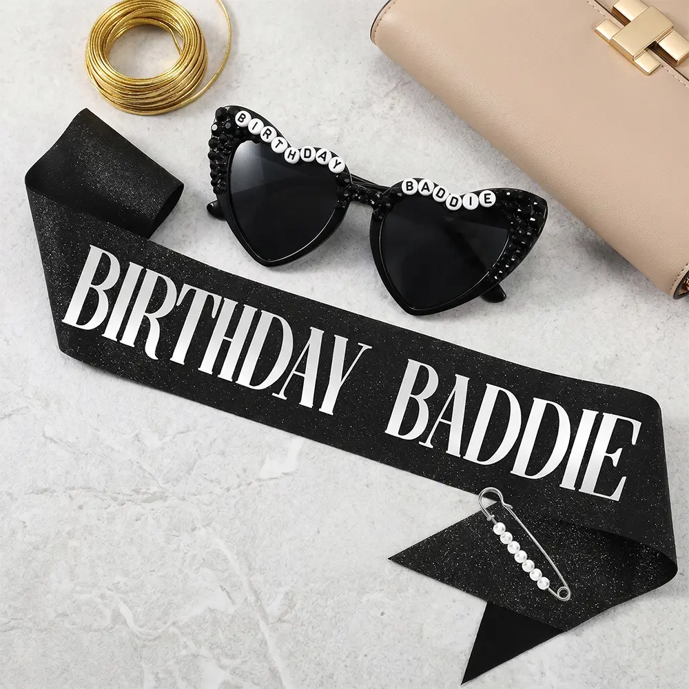 2 PCS Birthday Baddie Sash and Sunglasses for Women, Birthday Girl Outfit Suitable Women Accessories Pins for Party Decoration Favors Supplies