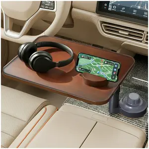 Car Tray Table & Steering Wheel Tray, Height-Adjustable 360° Rotating Wood Car Laptop Mount,Cup Holder Table,Compatible with Tesla & Most Vehicles Walnut