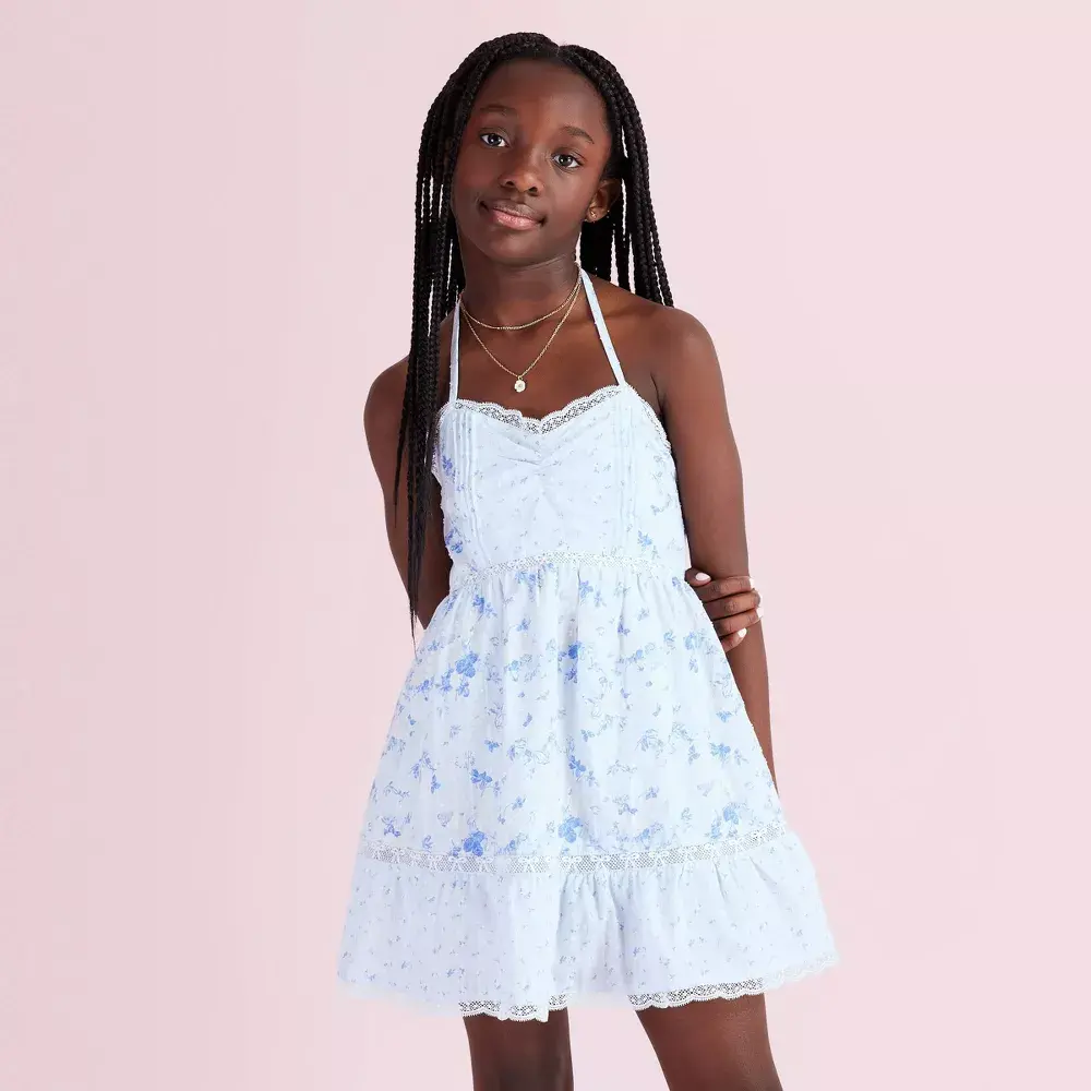 Girls' Annabelle Budding Florals Halter Dress - LoveShackFancy Blue 10