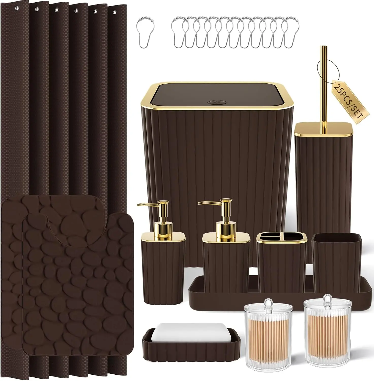 Bathroom Accessories Set - 25PC Brown Bathroom Sets with Shower Curtain and Rugs, Bathroom Accessory Set, Brown Shower Curtain Set, Trash Can, Qtip Holder Dispenser & Soap Dispenser