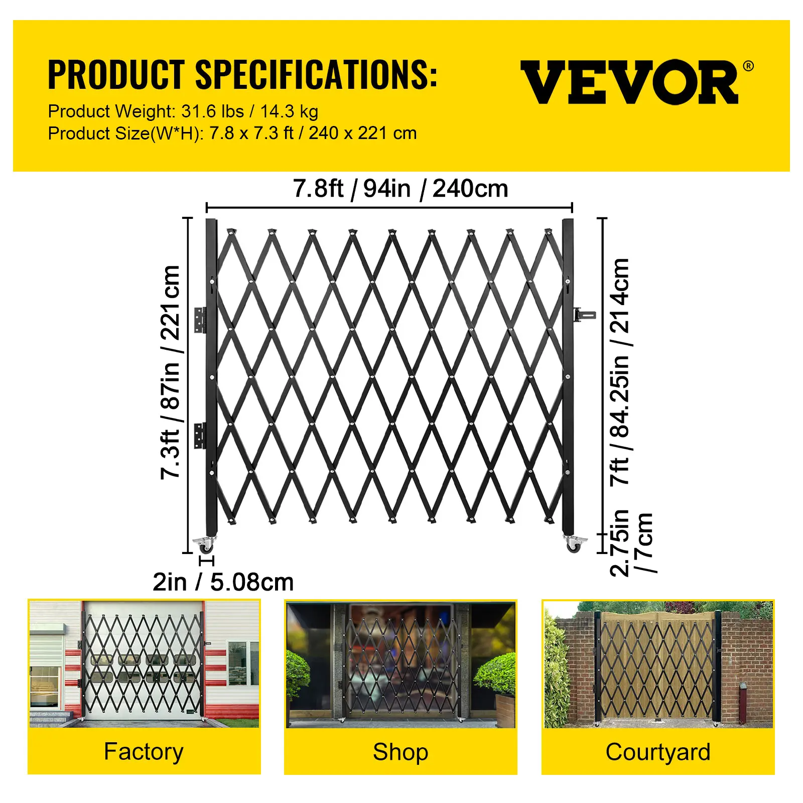 【summerfinds】VEVOR Single Folding Security Gate, 6-1/2\' H x 7-1/2\' W Folding Door Gate, Steel Accordion Security Gate, Flexible Expanding Security Gate, 360° Rolling Barricade Gate, Scissor Gate/Door with Padloc