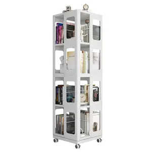 kavey 4 Tier Rotating Bookshelf Tower, Steel 360° Revolving Bookcase with Wheels, Multifunctional Floor Standing Storage Display Shelf, Narrow Bookshelves for Bedroom, Office (White)