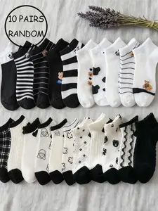 Random 10 Pairs Trendy Cartoon Socks, Fashionable Casual Footwear, Comfortable Daily Wear, Perfect Gift Idea