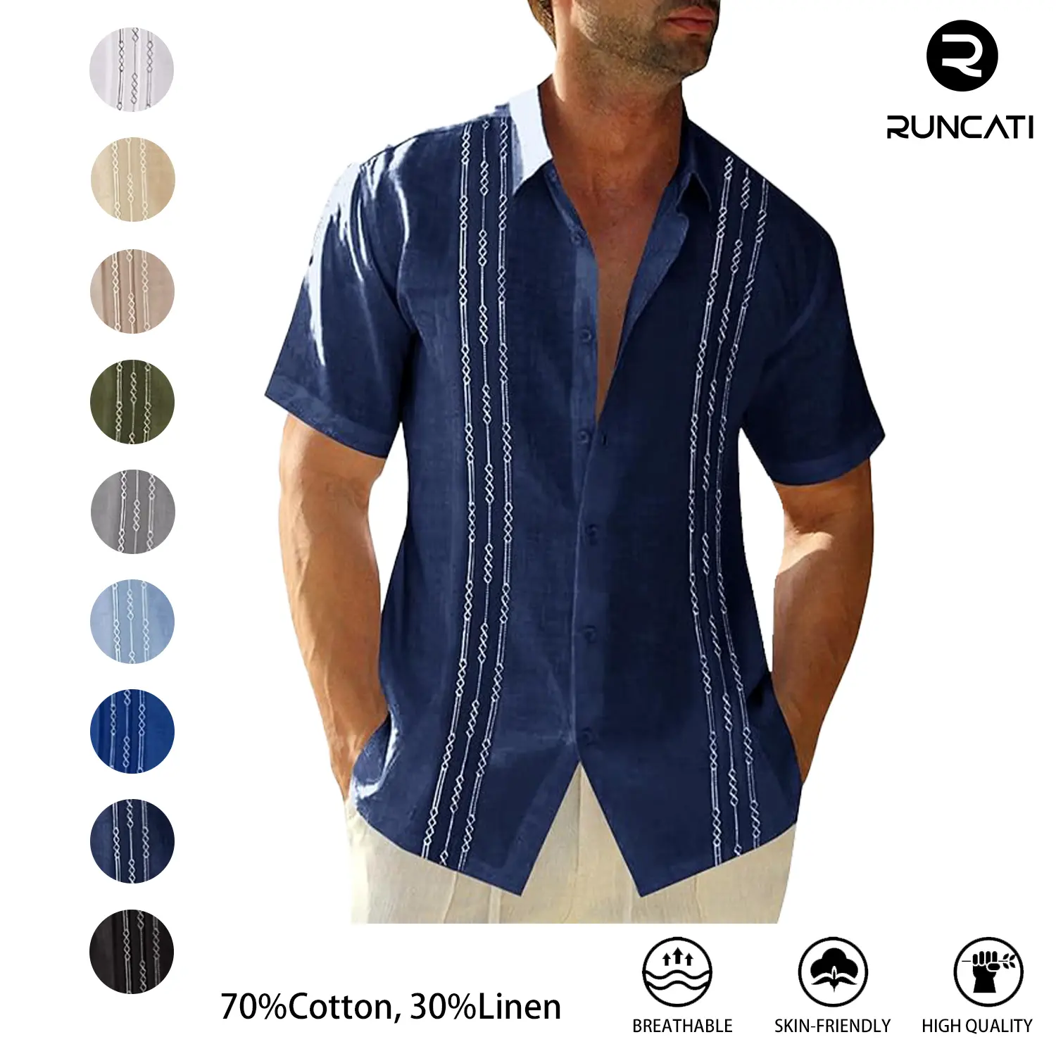 Runcati Men's 70% Cotton, 30% Linen Short Sleeve Guayabera Shirts Linen Cotton Button Down Mexican Embroidered Cuban Wedding Shirt Summer Beach Tops
