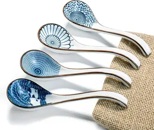 Ceramic Coating Long-Handled Asian Soup Spoon Set, 6.5 in Classic Curved Handle for Easy Holding, Non-Slip Bottom, Ideal for Japanese Ramen, Chinese Wonton Noodle Soup, Kitchenware Cutlery Tableware (V86), Ceramic Coating Spoons, Long-Handled Spoons