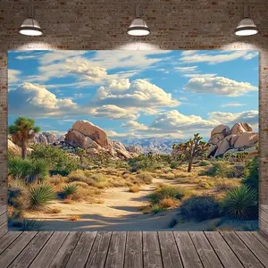 1pc, Trendy Decorative Fabric for Party Backdrops Featuring a Dry Desert Scene with Cacti, Sandstone Formations, And Mountain Views. Made from 100% Polyester, Suitable for Outdoor Use Without Elec