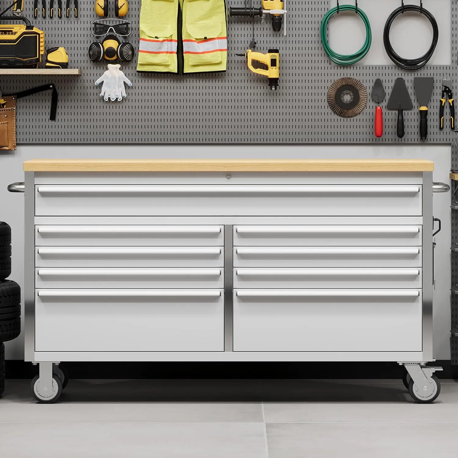 61 Inch Tool Chest, Tool Cabinet with 9 Drawers, Mobile Storage Cabinet with Locking System, Stainless Steel Material and Sturdy Structure, High Capacity for Home Workshop Kitchen and Garage., Drawer Tool Box, Tool Storage Organiser