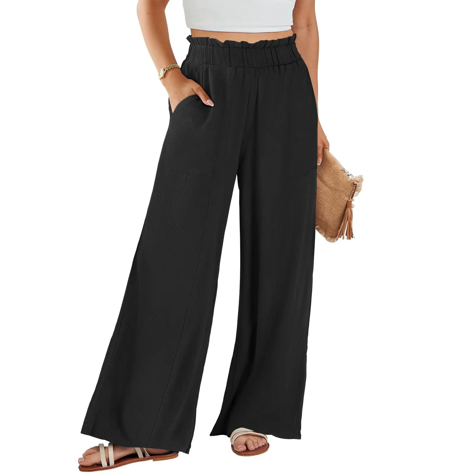 ANRABESS Womens Linen Pants 2026 Summer Casual Loose Wide Leg Palazzo Pants Spring High Waist Flowy Beach Trousers Outfits