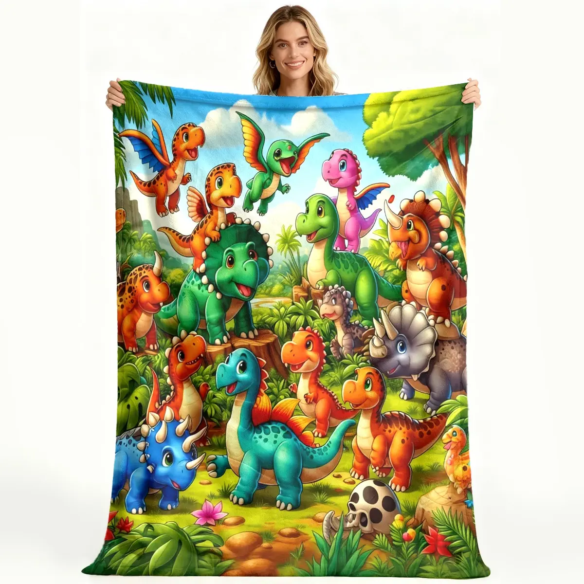 Cute Dinosaurs in Lush Jungle Pattern Flannel Blanket Super Soft Warm Nap Blanket Trendy Stylish Comfortable Blanket Ideal for Study Birthday Gift Superbly Crafted Durable Luxurious Cozy Throw Blanket for Bed Sofa