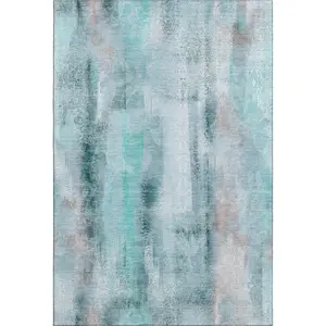 HomeRoots 648147 9 x 12 ft. Teal & Ivory Abstract Transitional Washable Machine Made Rectangle Area Rug with UV Protection