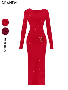 Valentine's Day Glitter Midi Dress for Women, ASANDY Elegant Long Sleeve Ruched Bodycon Dress with Front Slit for Wedding Guest & Dinner Casual