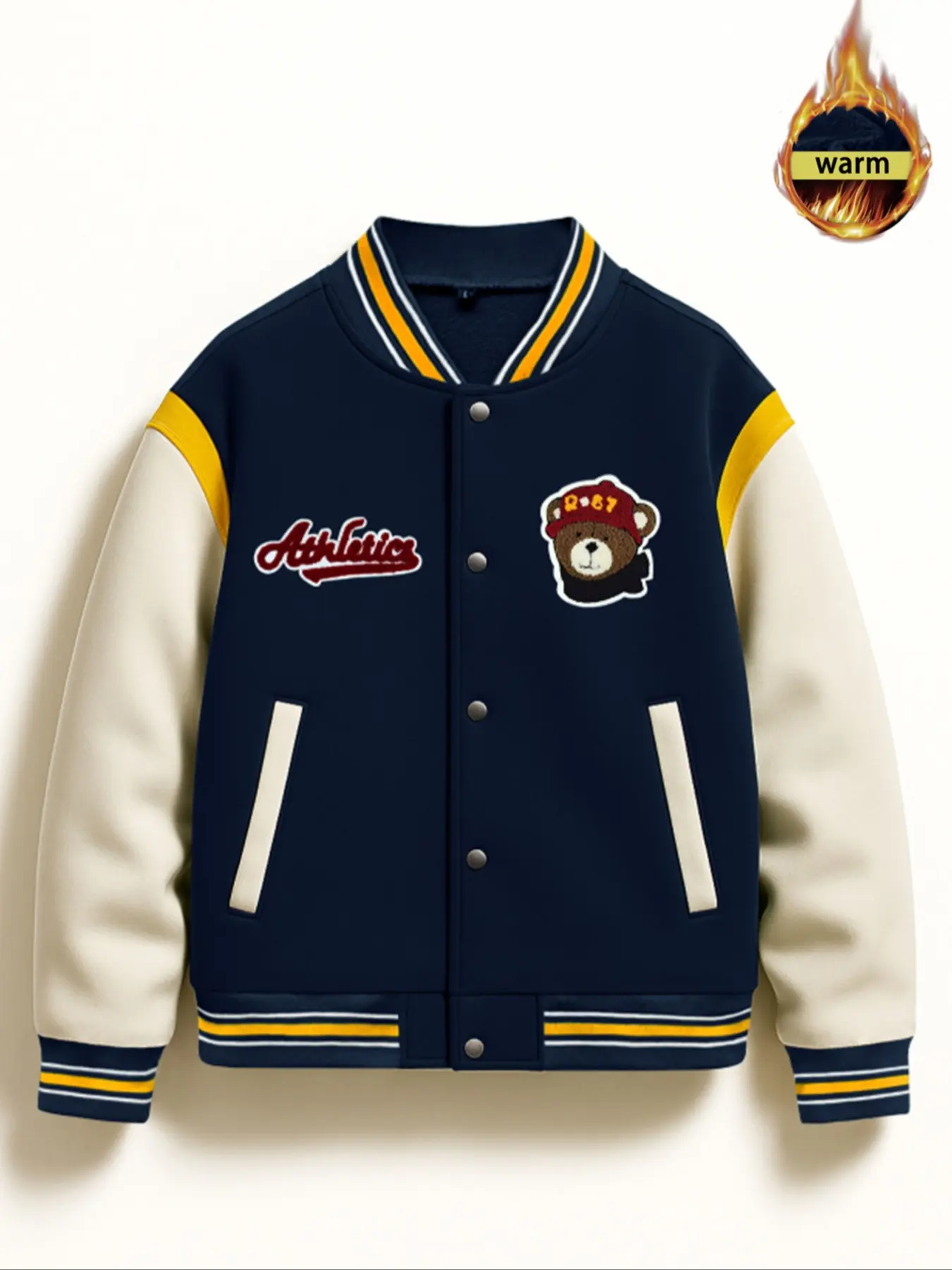 Men's Winter Thick Bear Baseball Jacket, American Vintage Classic Sports Coat, College Style Outerwear, Casual Fitted Design, Fall & Winter Wear