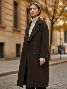 Women's Solid Color Double Breasted Coat, Soft Brown Coat With Lapel, Long Sleeve And Button Details, Elegant Chic Long Coat Outerwear For Autumn & Winter