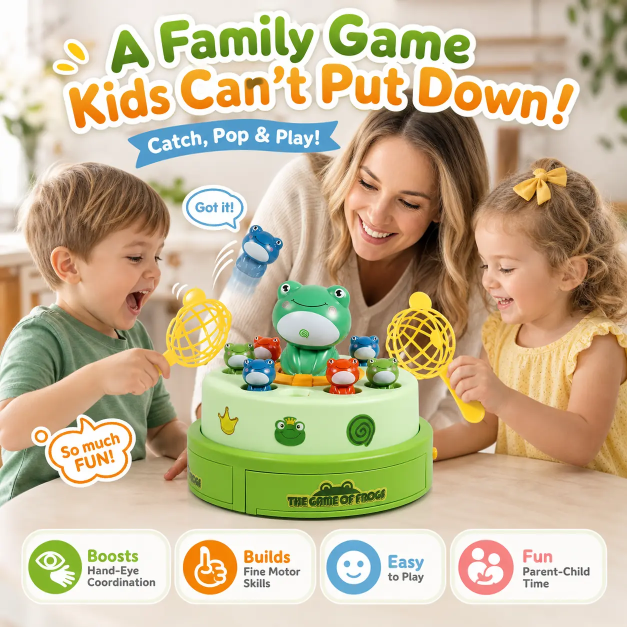 Kids' Frog Bounce & Catch Toy - Musical Spinning Launcher with 2 Play Modes, Round Spin and Launch Board Game with Stickers, Unique Gifts for Ages 3+ (Birthday, Holiday), Spin And Launch Board Games