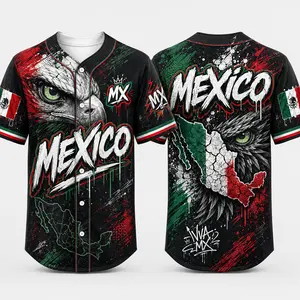 2026 Mexico Graffiti Baseball Jersey for Men Black Button Down Fan Shirt with Eagle Eye Graphic, Mexico Map Back Print, Flag Sleeve Accents, Short Sleeve Sports Jersey for Game Day Casual Streetwear