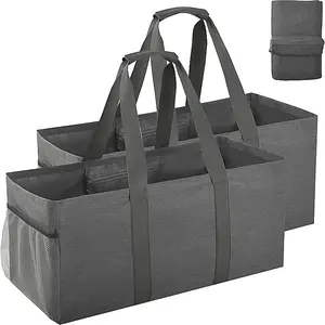 2-Pack 13.21gal Extra Large Reusable Tote Bags - 600D Oxford Fabric High Quality Foldable Grocery Bags with Handles, Multiple Pockets & Mesh Side Pockets, Deep Gray for Travel, Beach, Shopping & Storage, Travel Organizer, Multipocket Design