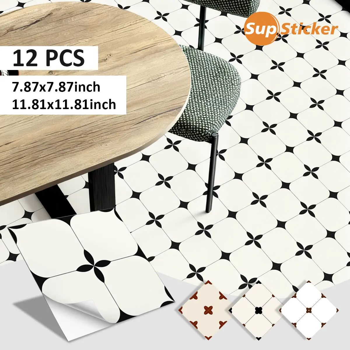 12pcs French Vintage Floral Tile Floor Stickers, Flooring, Water Resistant Floors, Self-Adhesive PVC DIY Waterproof Durable Easy Install for Kitchen Living Room Balcony Waterproof PVC Material, Floor Tiles Peel and Stick Waterproof