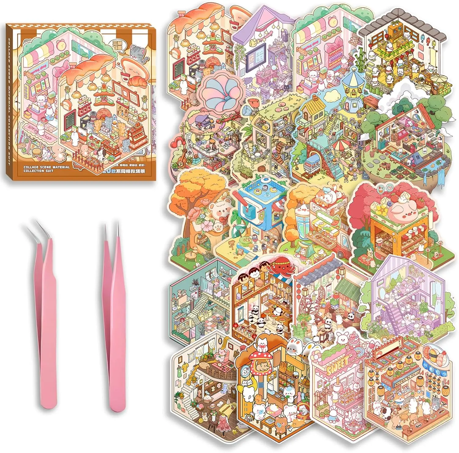Halloween Fall Gift DIY 3D Sticker Scenes 20 Sets of Stickers for Girls Make Your Own Mini Shop House Scene Stickers for Kids Cute Fun Cartoon Animal Sticker Therapy for Adult Relief Stress Pass The Time (A Sets Boxed)