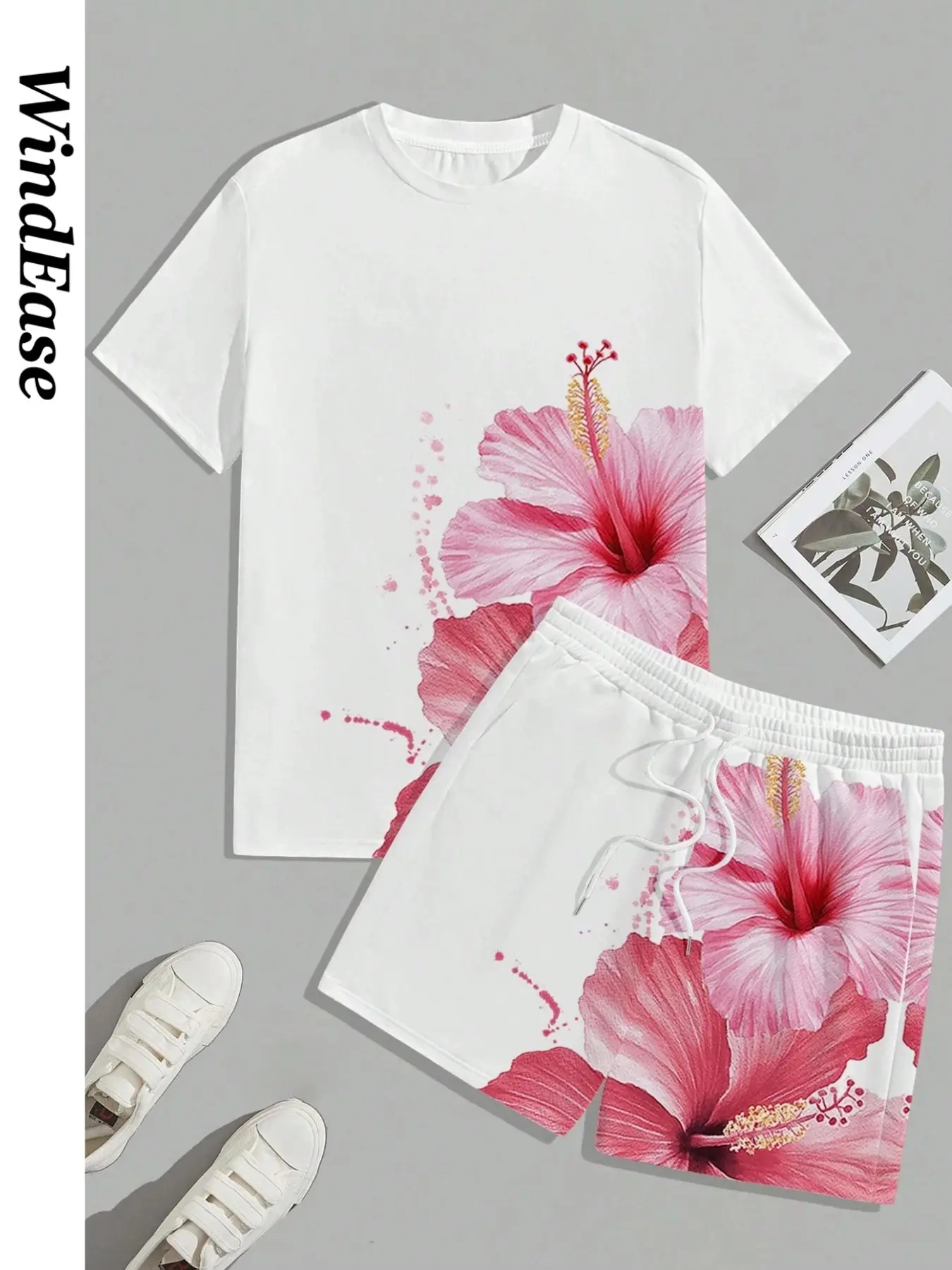 Men's Tropical Floral Hibiscus Print Casual Round Neck Tee Two-Piece Set, Shorts Casual Set, Comfortable Loose Summer Streetwear, Ideal for Parties, Travel, Home, All Occasions