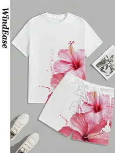 Men's Tropical Floral Hibiscus Print Casual Round Neck Tee Two-Piece Set, Comfortable Loose Summer Streetwear, Ideal for Parties, Travel, Home, All Occasions
