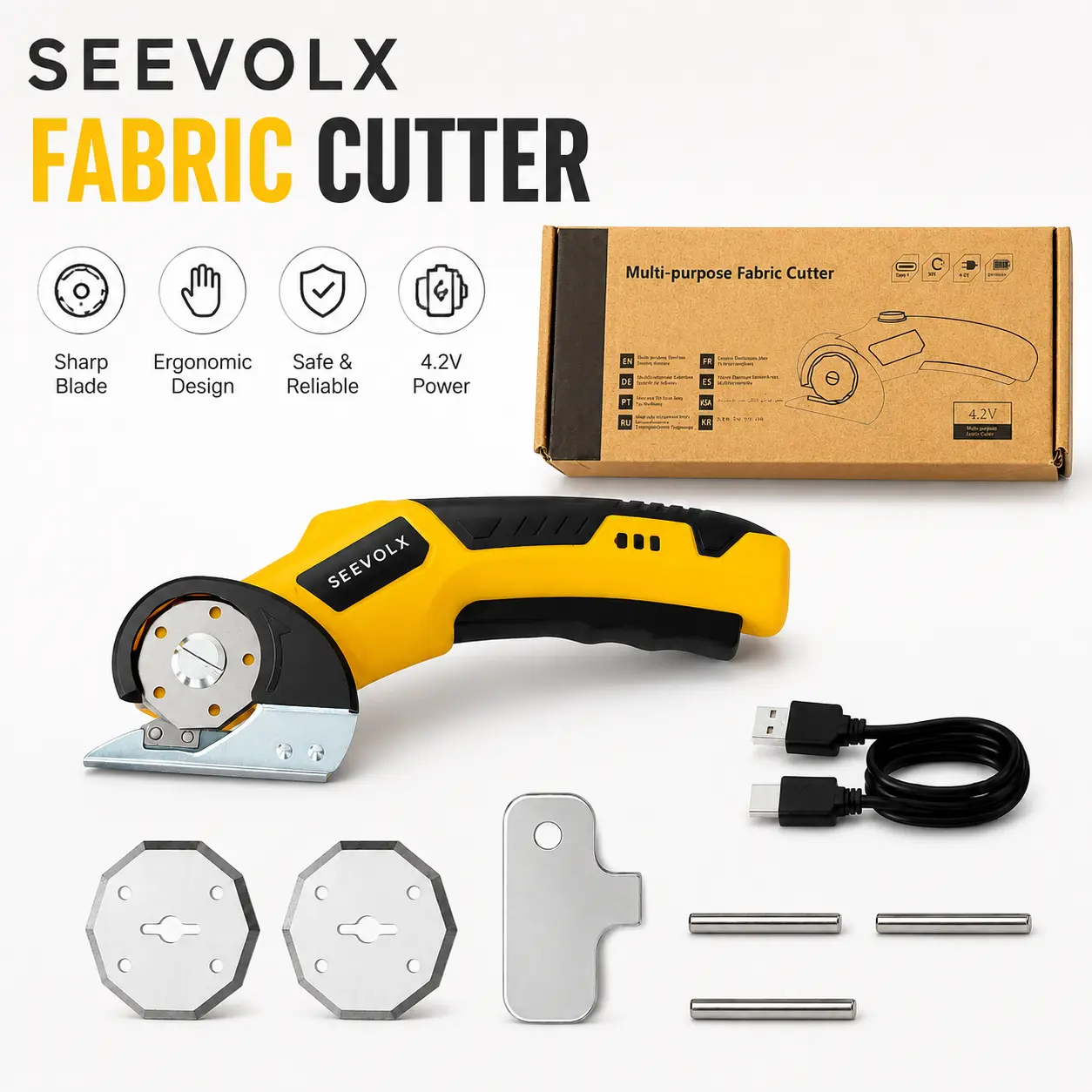 【SummerGift】SEEVOLX Cordless Rotary Fabric Cutter USB Rechargeable Safety Lock Replaceable Blade Easy Cut Cardboard Fabric Leather DIY Craft Cutting Tool Summer Gift for Crafters