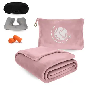 Country305 4-in-1 Travel Blanket Set – Compact Airplane Blanket with Bag, Soft Fleece, Neck Pillow, Eye Mask & Ear Buds – Lightweight, Warm, with Luggage Sleeve 60"x43", for Adults & Kids