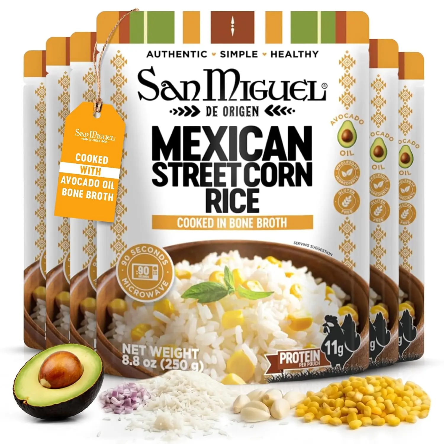 San Miguel de Origen 11g Protein Mexican Street Corn Rice, Cooked in Bone Broth & Avocado Oil - Ready to Eat Microwave Rice - Gluten Free Mexican Rice - parboiled rice Pouch- Easy Meal (6-Pack) 8.8oz