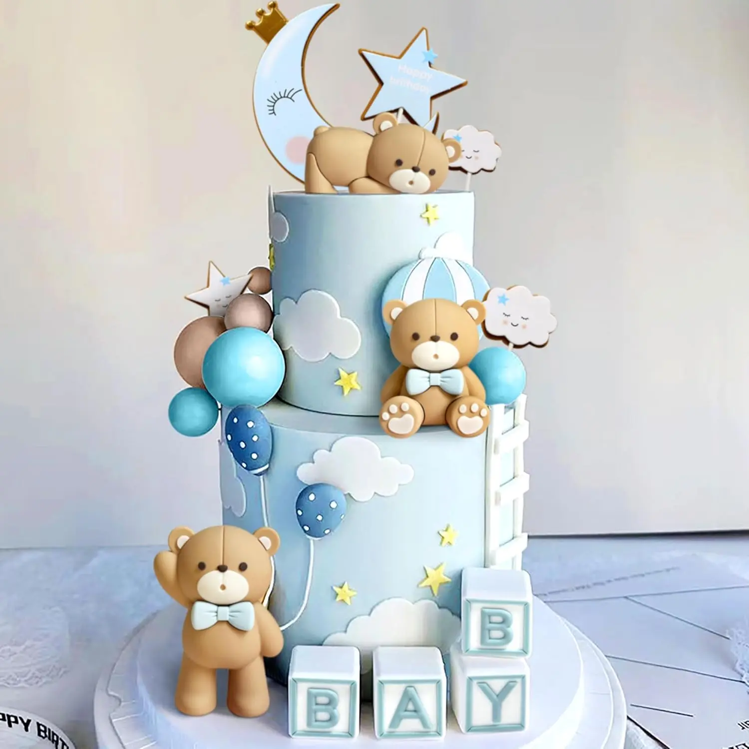 Blue Bear Cake Decoration Set with Moon Star Clouds & Balloons for Baby Shower Birthday Party Cake Topper Decorations Pastel Ornaments
