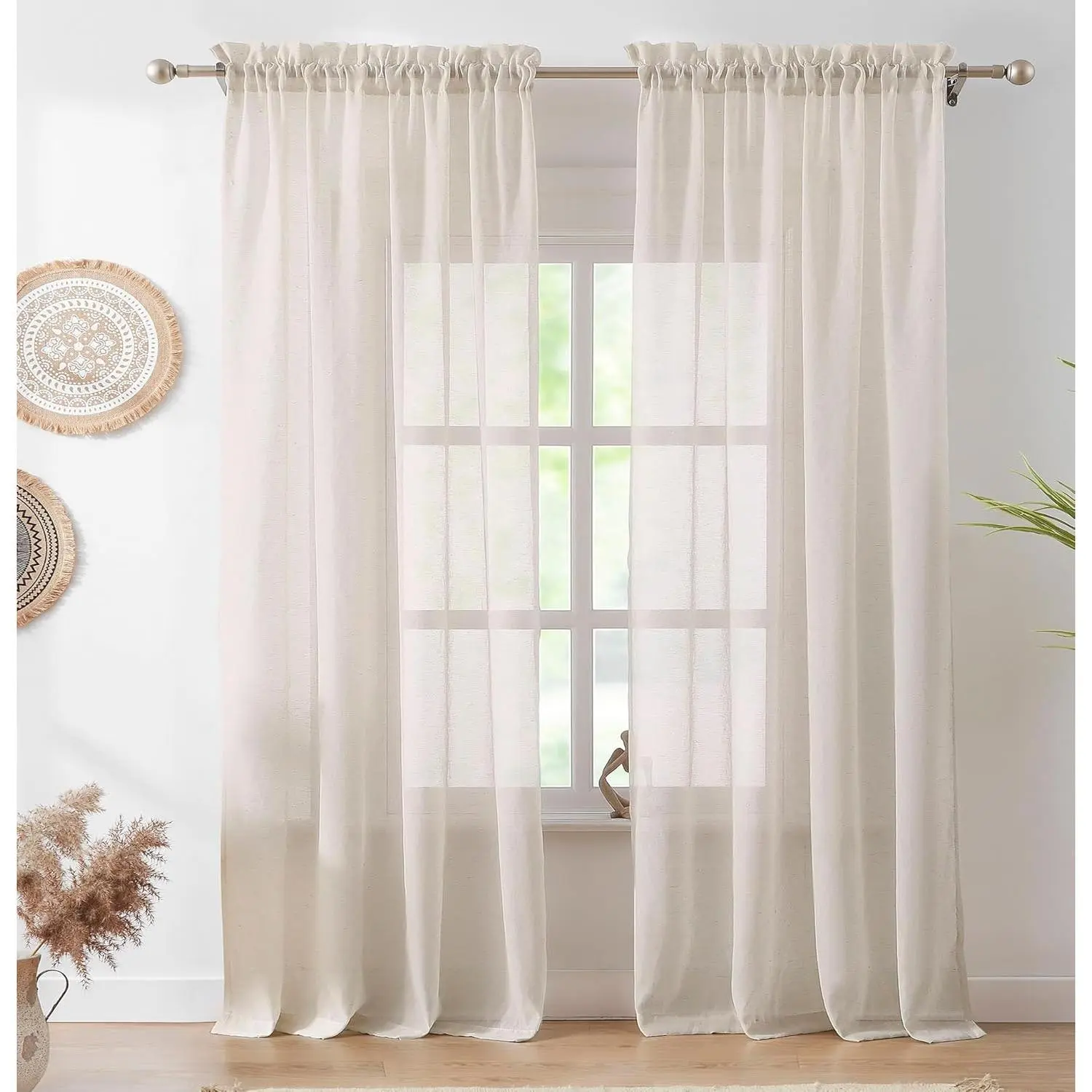 Flax Linen Sheer Curtain Panels for Bedroom 96" Long, Rustic /Taupe Sheer Window Drapes for Living Room Kitchen, 52"x96" 2 count Rod Pocket
