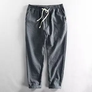 Men’s linen pants for summer, made from cotton-linen fabric—casual and comfortable. Japanese retro striped pants suitable for everyday wear and home use.