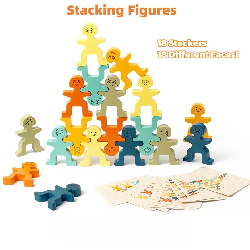 Chunky Wooden Stacking Building Blocks Set - Blocks Tower Game, 18 Stackable Figures, 10 Challenge Cards, All Ages Creative Challenges, Screen-Free Gift for Focus & EQ Boost