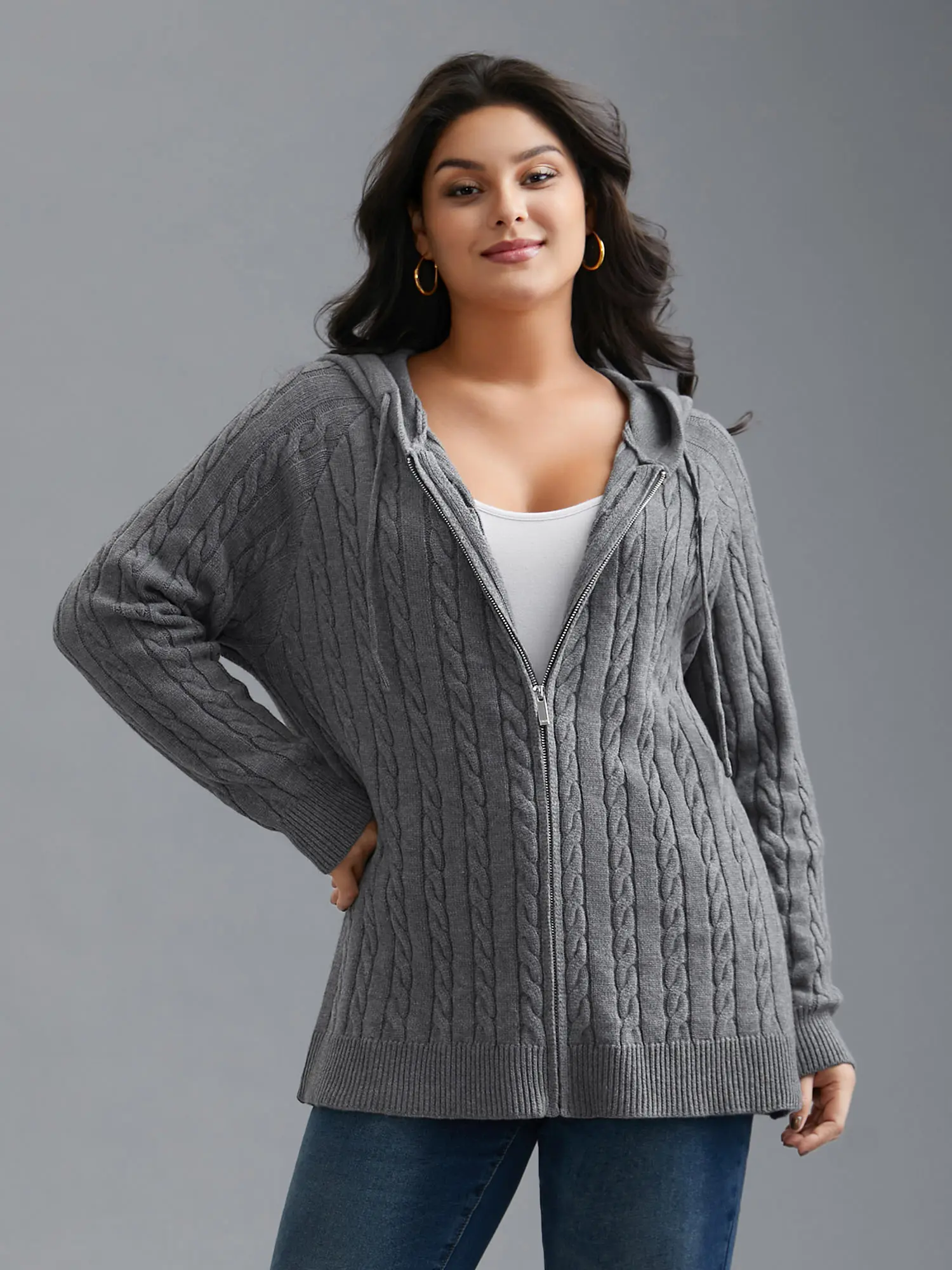 Cable Knit Cardigan for Women, Casual Hooded Zip-Up with Long Raglan Sleeves and a Loose Fit, Knitting, Longsleeves, Knitwear