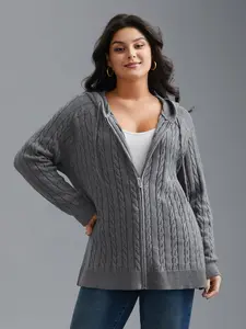 Women's Cable Knit Hooded Zipper Cardigan, Loose Raglan-Fit Long-Sleeve Knitwear, Minimalist Basic Casual Winter Dim Gray Top with Zipper Closure Swimweek
