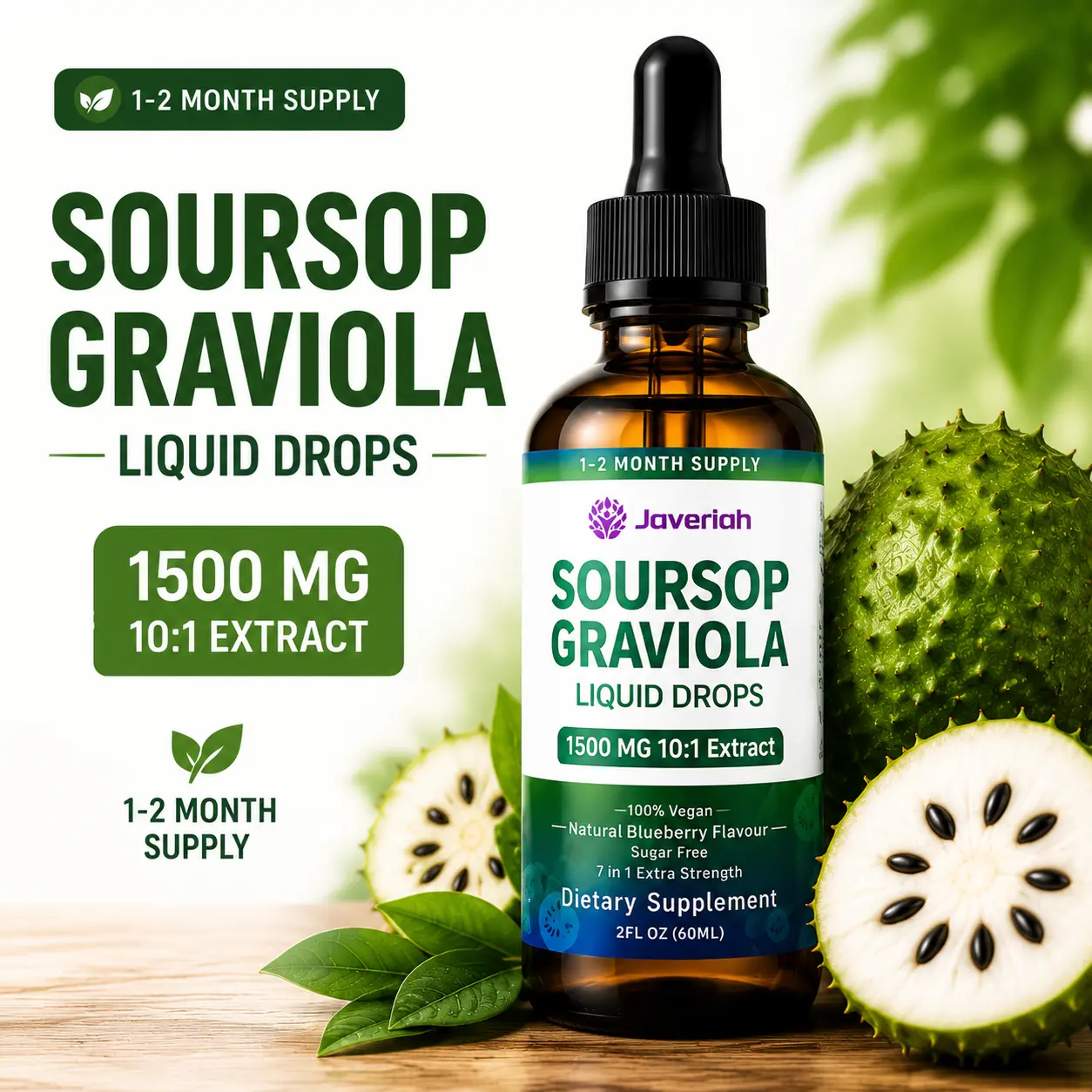 Javeriah Organic Soursop Graviola Liquid Vitamin Drops Supplement - Sea Moss, Antioxidant Drink, Natural Supplements, Sugar-Free, Gluten-Free, 2-Month Supply (60ML) for Immune Boost, Cell Support