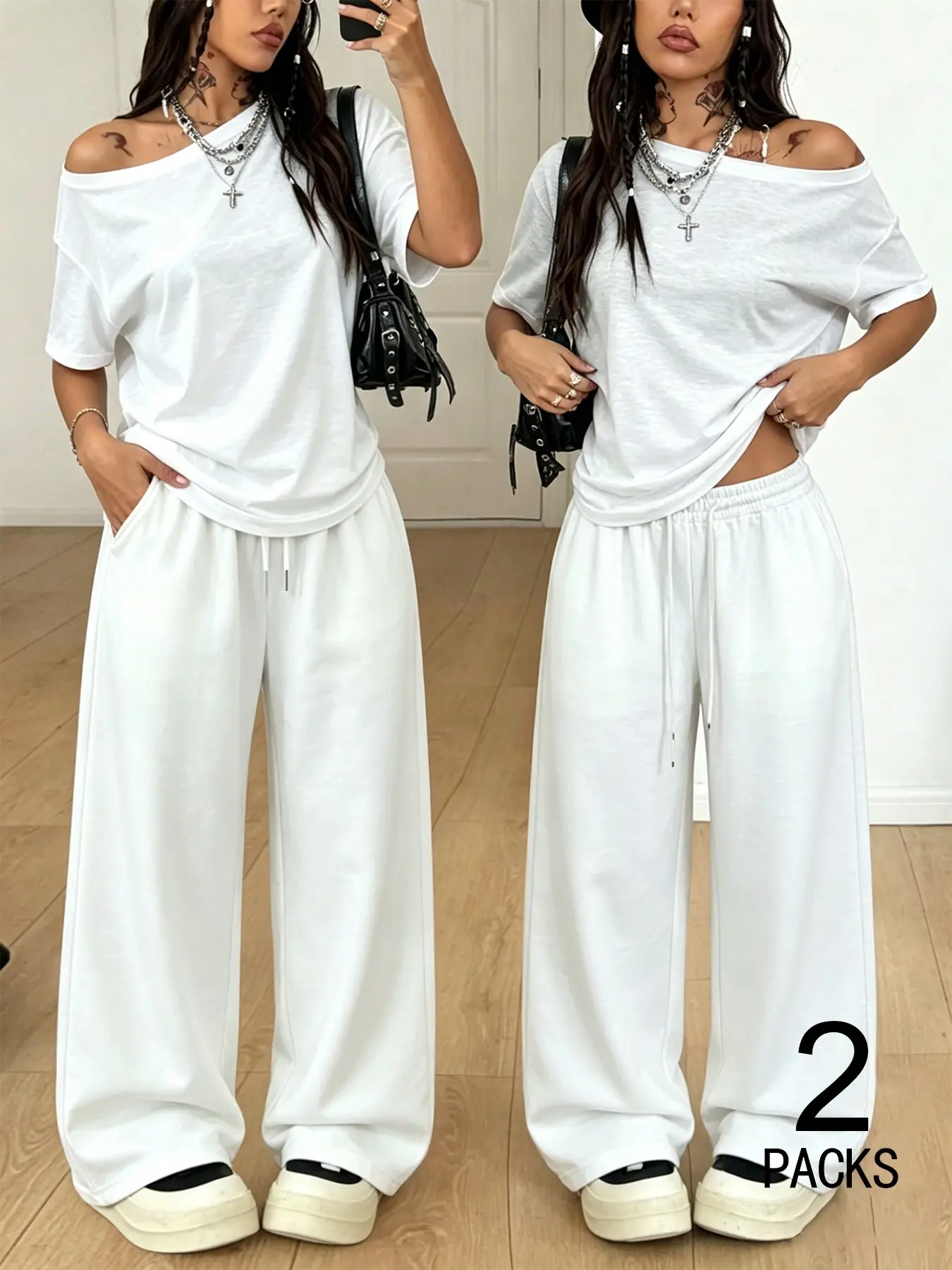 Women ab Letter Print Off-Shoulder Oversized T-Shirt & Wide Leg Pants Two Piece Set, Loose Fit, Soft Breathable Cotton Fabric, Perfect for Street Style, Daily Errands & Casual Lounging, Streetwear, Clothes