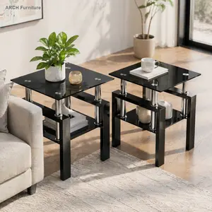 2-Piece Square Tempered Glass Coffee Tables Set, 17.7x17.7" Minimalist Living Room End Tables with Load-Bearing Metal Legs, Black Modern Furniture, Easy-Setup Living Room Furniture