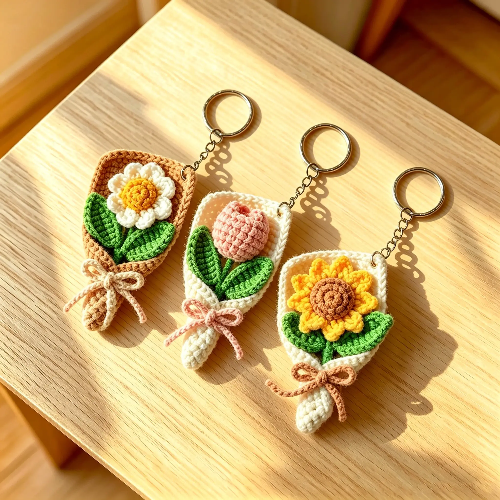 Crochet Flower Keychains (2PCS/3PCS) - Kawaii Accessories, Aesthetic Keychains, Sunflower Tulip Rose Daisy Bag Charms, Mini Bouquet, Cute Collectibles, Gift Ideas for Her