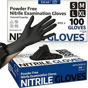 100PCS Black Nitrile Gloves Durable Waterproof and Disposable Latex-Free Gloves, Ideal for Cooking, Bathroom, Kitchen Cleaning, Mechanics, Pet Care, Medical, Tattooing, Car Repair, Gardening, Manicure, Beauty Salon and Food Prep