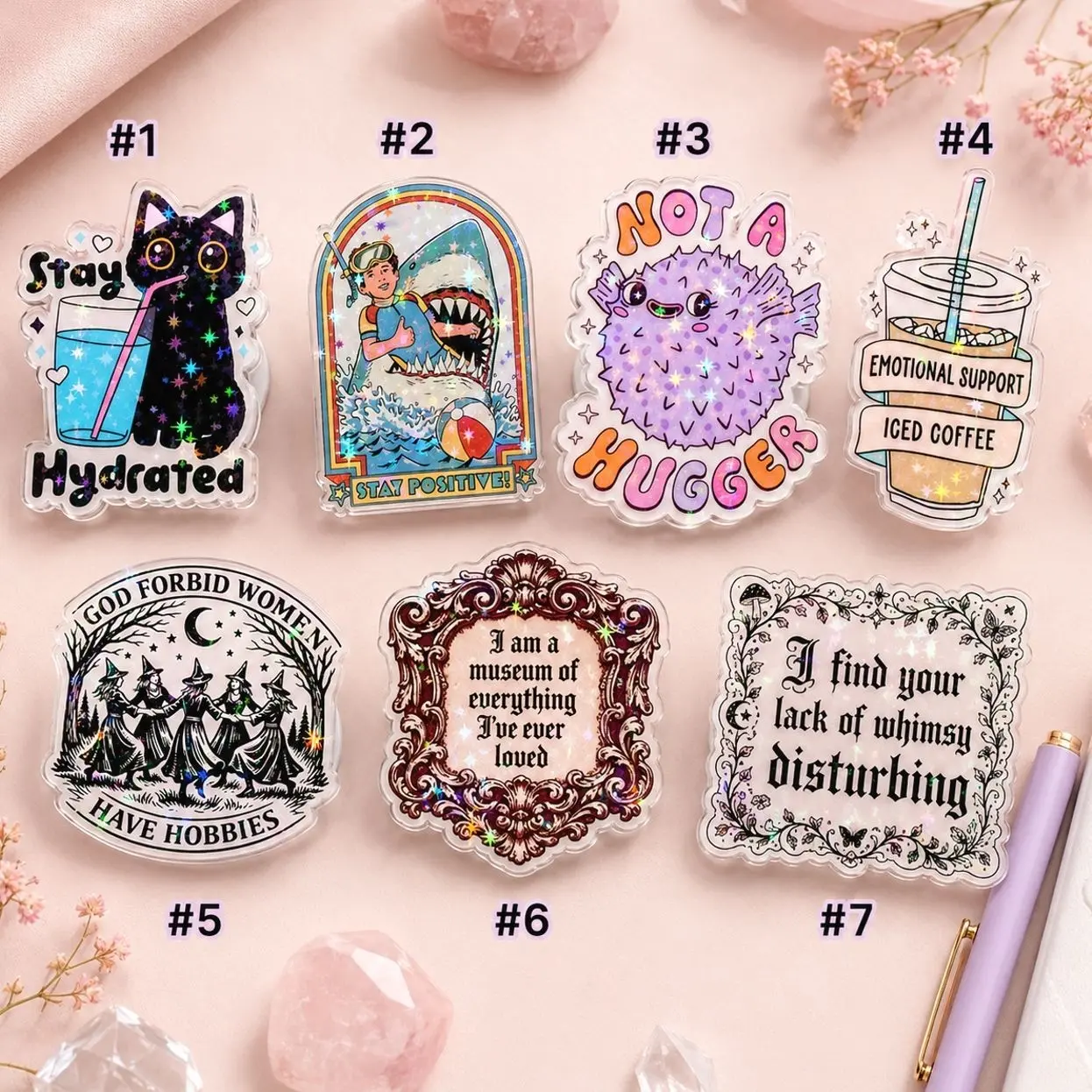 Holographic Funny Quote Magnetic Phone Grip, Cute Cat Pufferfish Coffee & Witchy Phone Stand for Smartphone and E-Reader, 7 Styles