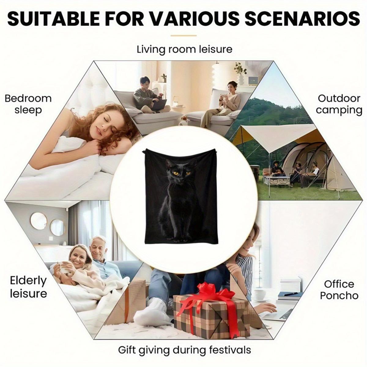 Black Cat Pattern Blanket - Soft and Lightweight Flannel Sofa Bed Cover, Four Seasons Universal Living Room Camping Travel Comfort Blanket - Modern Home Decoration Gift (Dark Background), Cat Design
