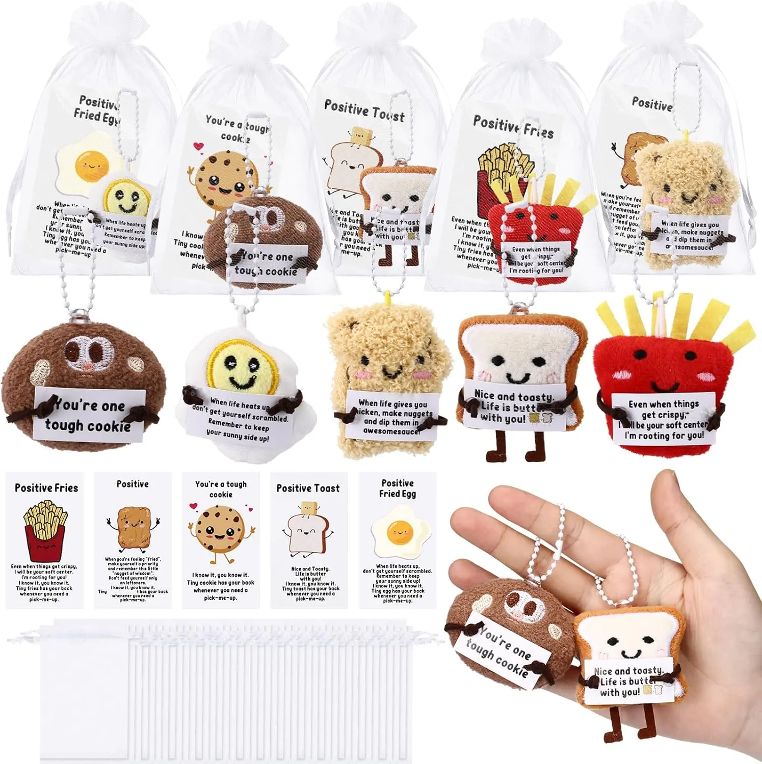 10/24/30 Pack Inspirational Pocket Favors,Back to School Gifts for Teachers, Students and Coworkers, Plush Food Keychains with Positive Pun Cards, Cute Emotional Support Backpack Charms, Classroom Rewards and Party Favors, Birthday Party Favors
