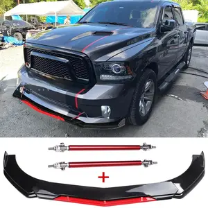 For Dodge Ram 1500 Front Bumper Red Lip Splitter Spoiler Strut Rods Glossy Black