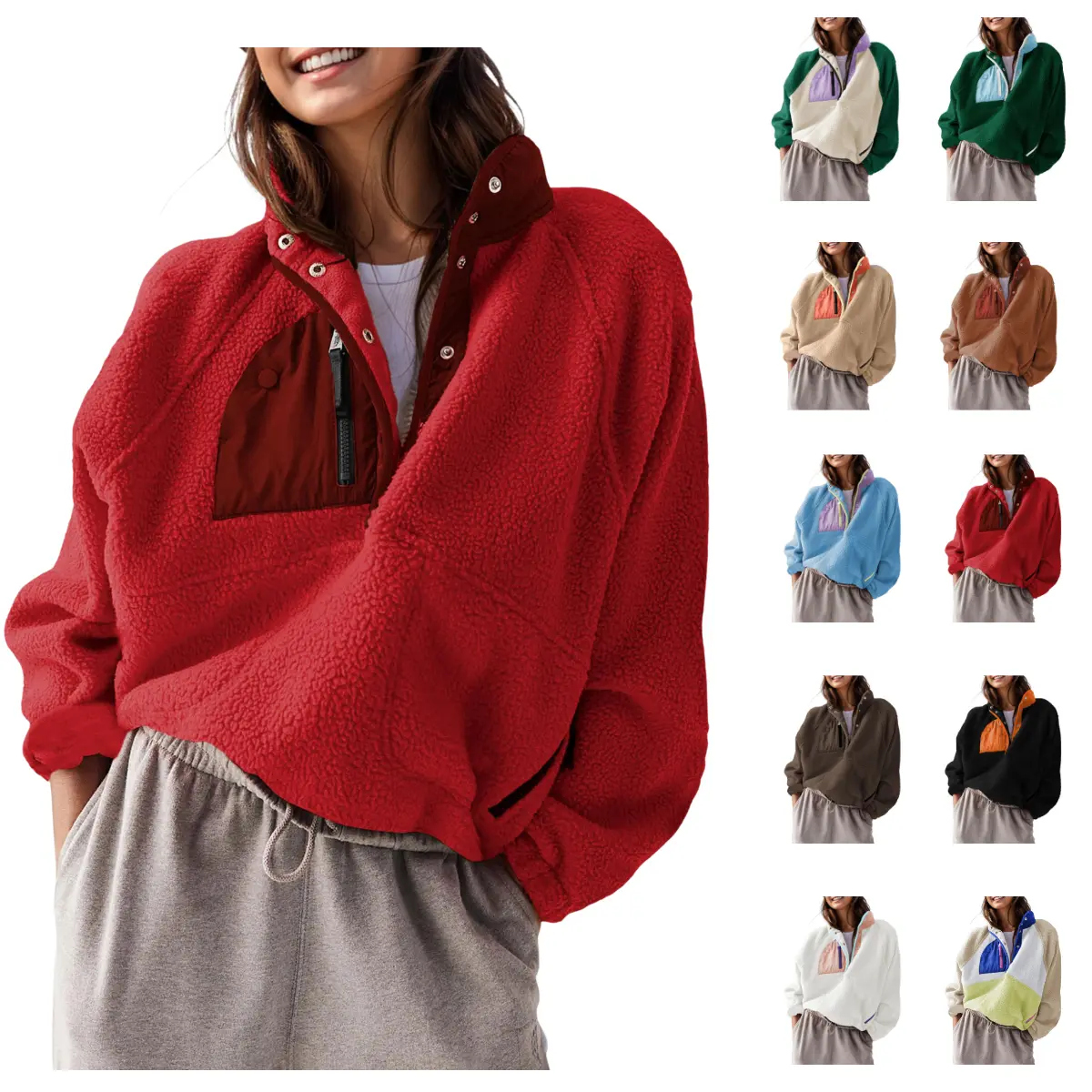 Molitree Women's Fuzzy Fleece Pullover Jacket Cropped Fall Winter Fitted Turtleneck Long Sleeve Green Sherpa Sweatshirt Coat with Pockets Casual
