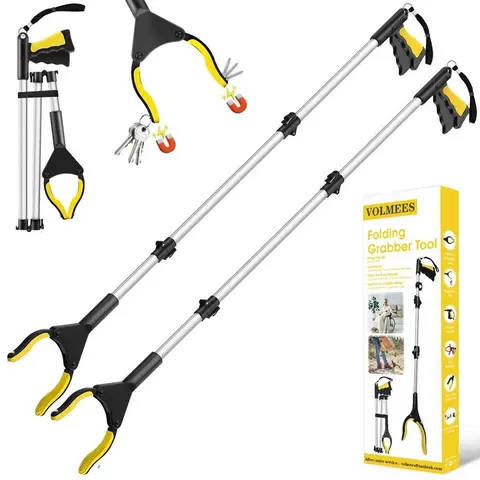 1pcs 43 Inches Extra Long Grabber Tool-Volmees Grabbers Grab it Reaching Tool with Anti-Drop Cord, 4" Wide Claw Open Reacher Trash Grabber Pickup Tool 360° Rotating Jaw +Magnets, Heavy Duty Foldable Grabber