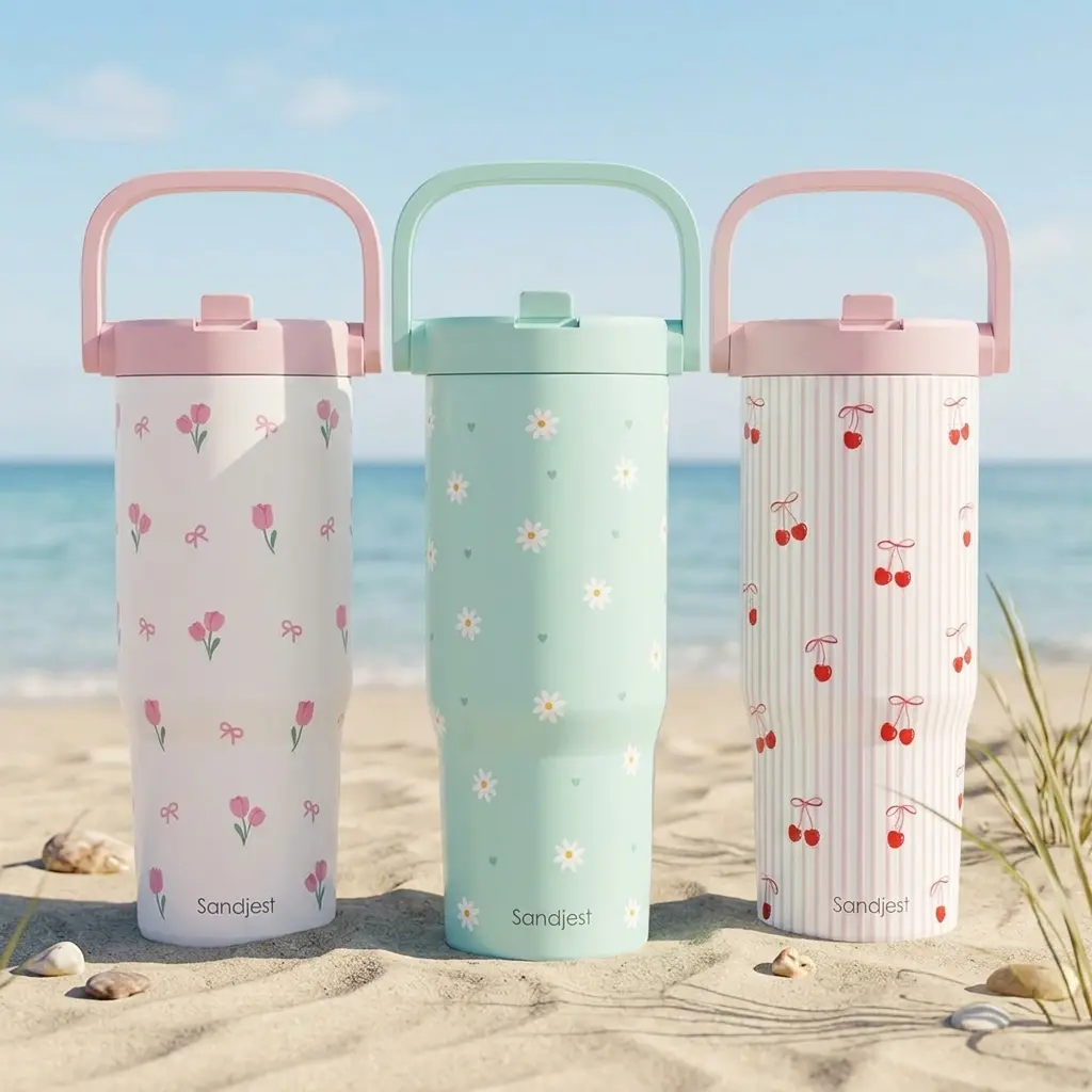 SANDJEST Aesthetic 30oz Insulated Stainless Steel Tumbler - Coffee & Water Bottle, Portable Insulation, Leak-Proof Straw Lid, Carry Handle, Cupholder-Friendly, Travel Essential, Gift for Her
