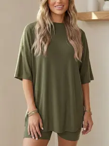 Women's 2-Piece Loungewear Set (S-4XL) - Summer Casual Oversized Split Hem Shirts & Biker Shorts - Minimalist Lounge Wear Soft Viscose Fabric Comfy Homewear Cozy Pjs