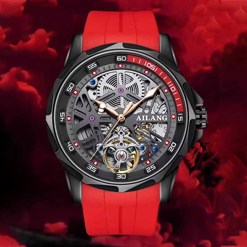 Men's Automatic Skeleton Wristwatch with a Mechanical Movement, Luminous Dial, and a Black Cowhide Leather Band, Mechanical Style Watches, Water Resistant, Analog, Round Shape, Skeleton Dial, 43Mm, 30M - 50M