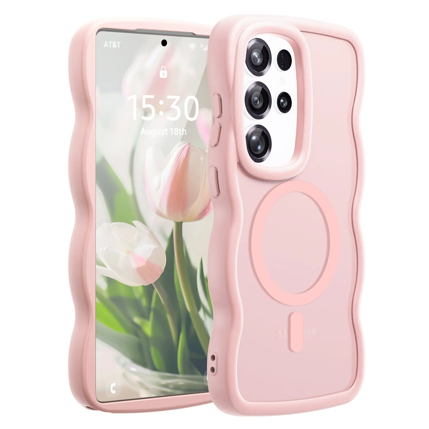 Amzfield MagSafe Compatible Smartphone Casing for Samsung Galaxy S25 Edge - Translucent Matte Hard Back, Soft Silicone Bumper, Cute Wavy Magnetic Cover for Women, Hot Pink Handheld Device Protection Accessory